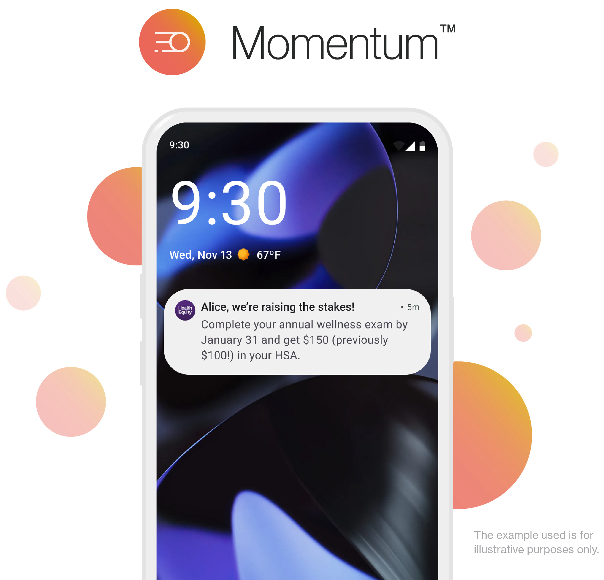 A lock screen with a notification from HealthEquity nudges the user to complete an annual wellness exam with an HSA incentive.