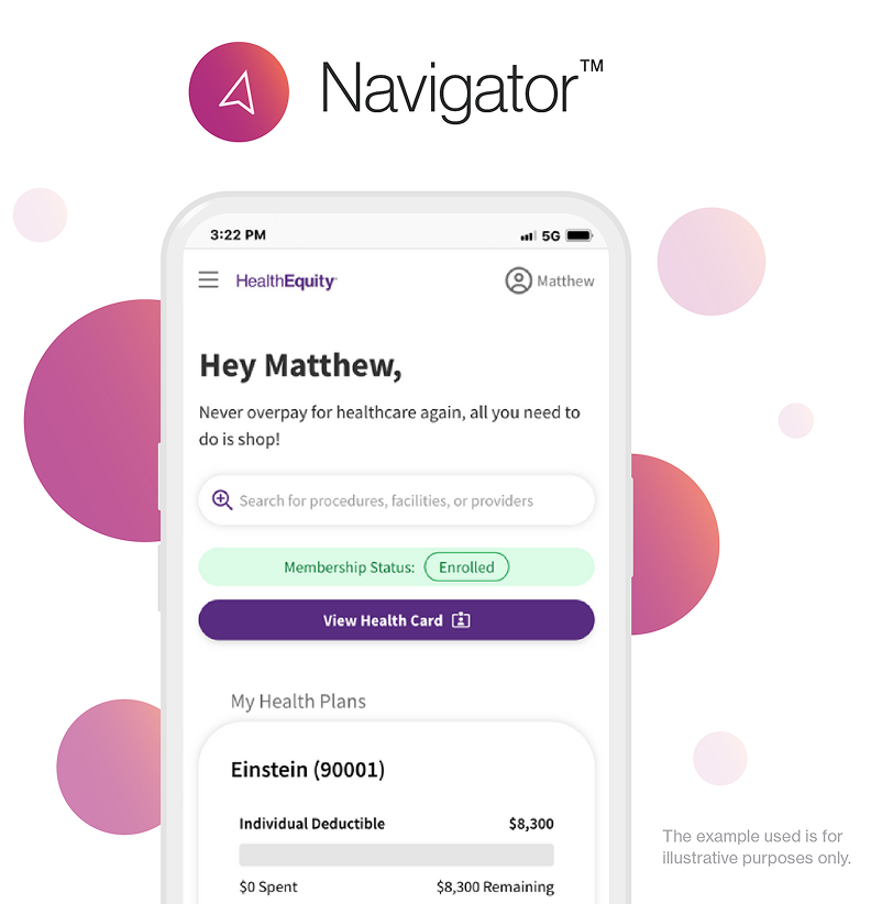 A mobile view of an employee health plan dashboard featuring a search bar, health card, and enrollment status.